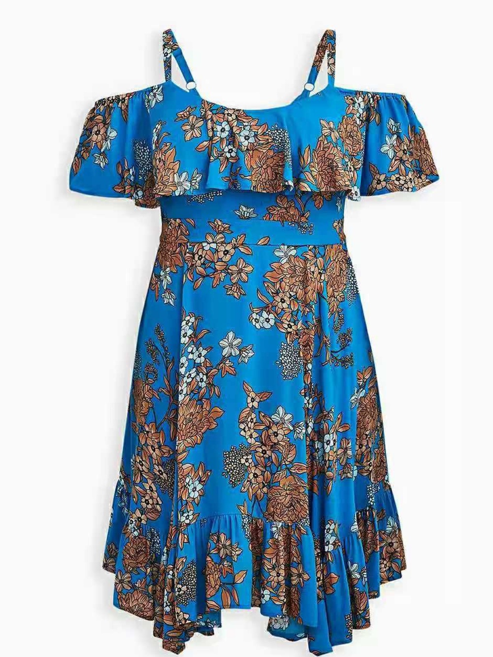 torrid Teal Blue Floral Midi Dress with Tan Bouquet Print